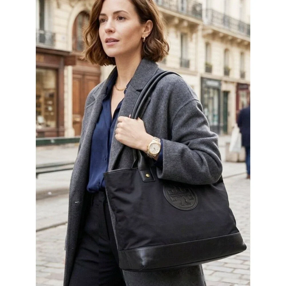 Tory Burch Black Slouchy Nylon Tote – Leather Trim, Striped Lining Description: